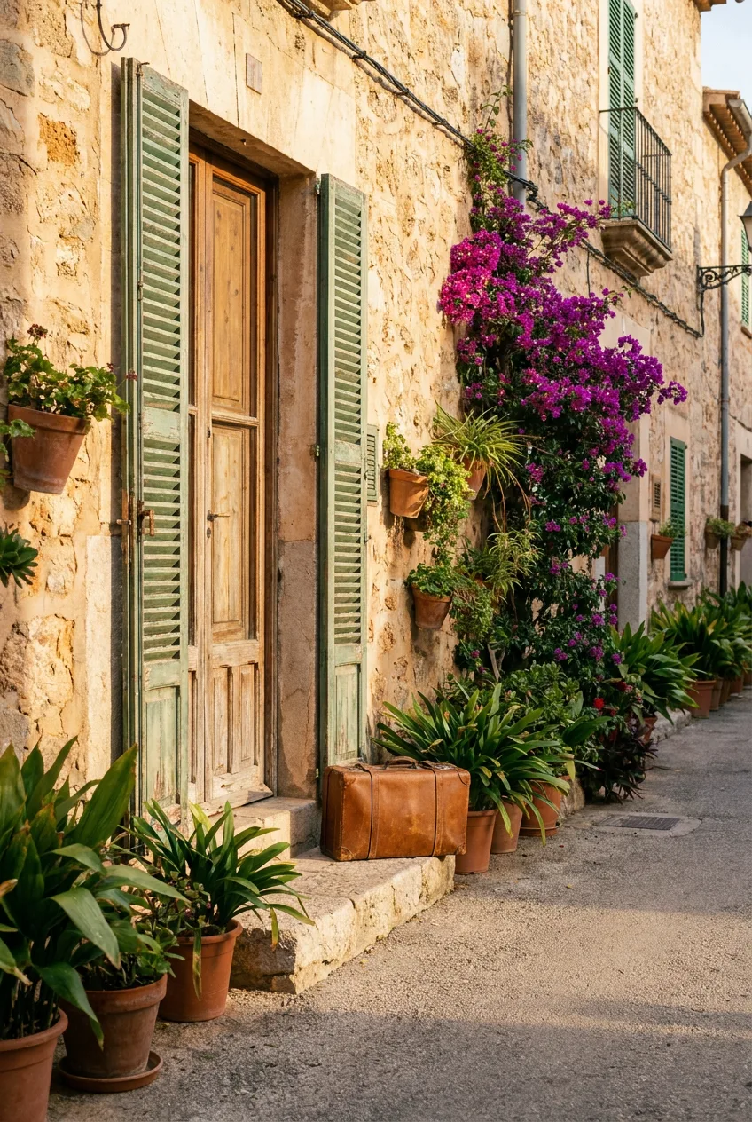 Maleta de viaje ante una puerta con contraventanas verdes en una calle de piedra de Mallorca