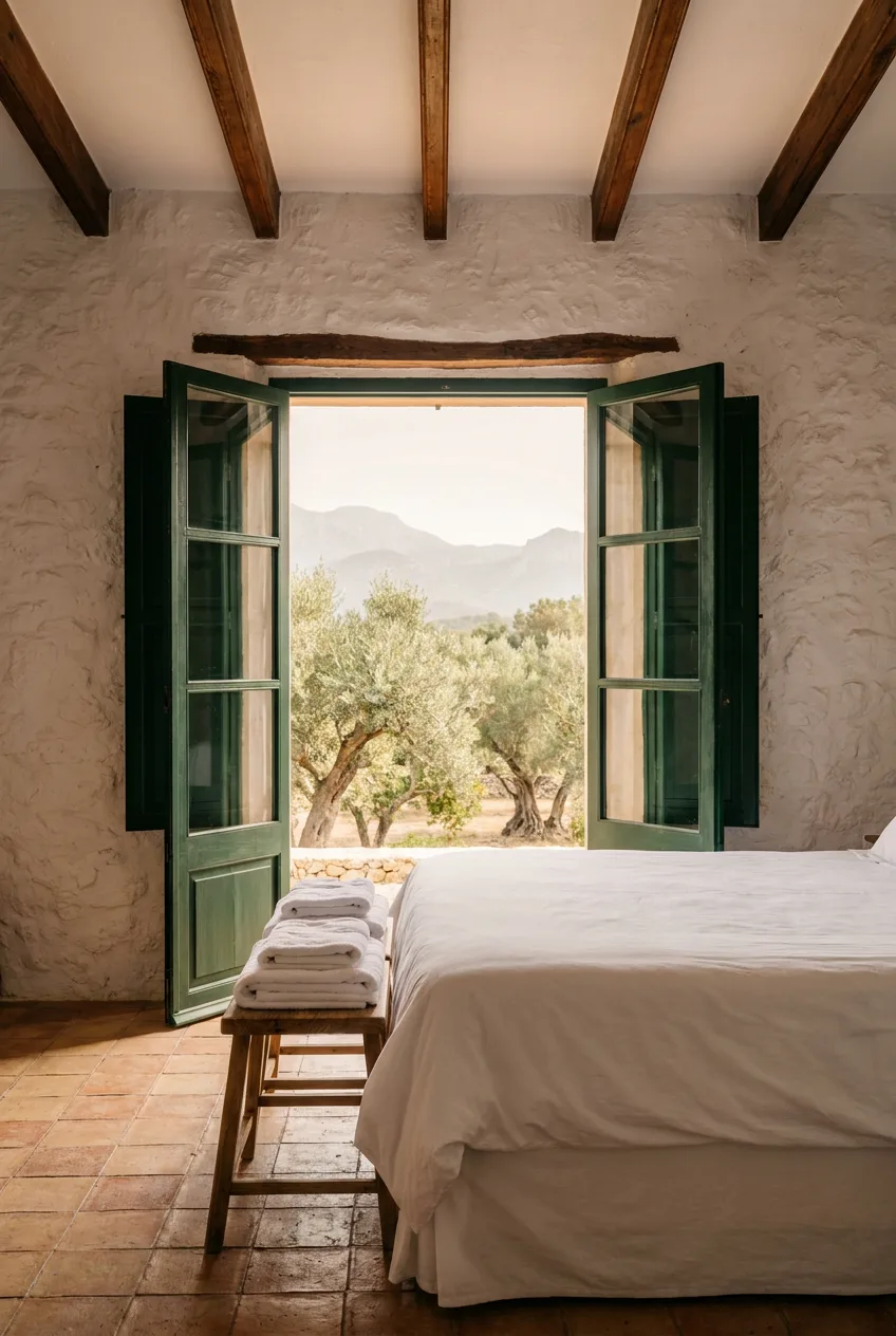Dormitorio de una casa mallorquina de piedra con contraventanas verdes abiertas al olivar