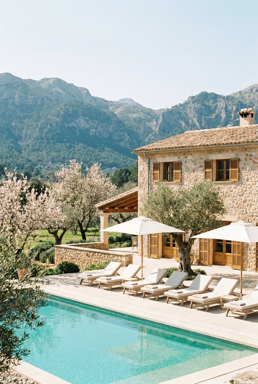 Finca de piedra con piscina y montañas al fondo en Mallorca