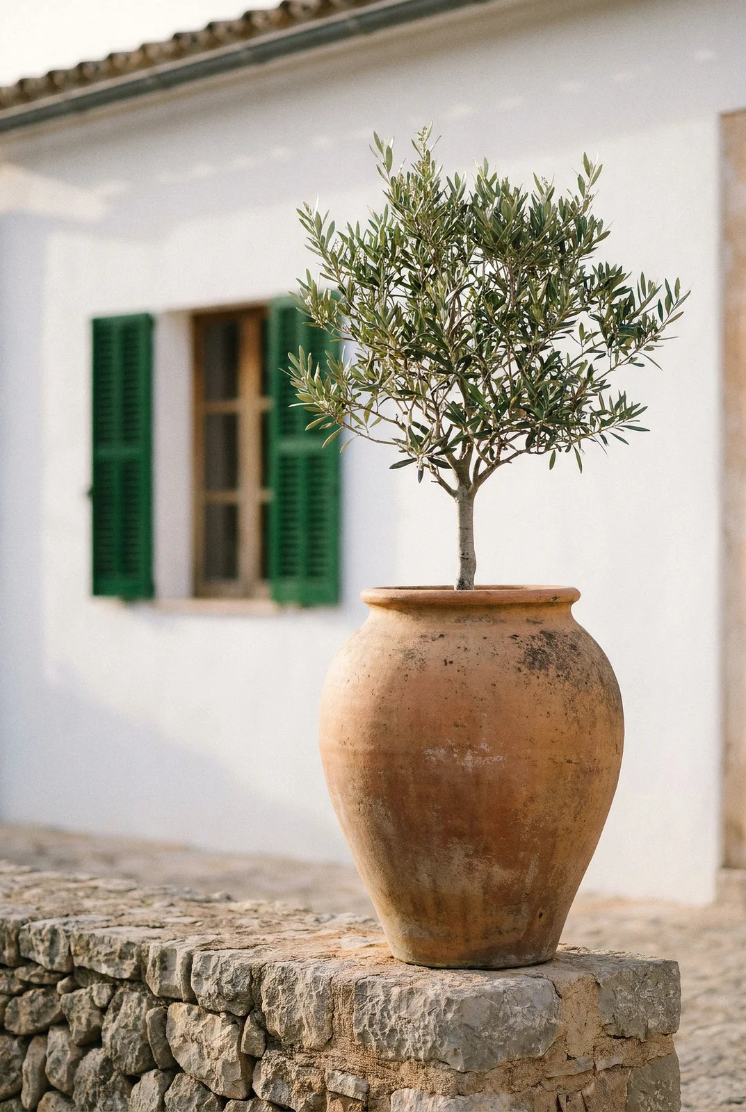 Olivo en una tinaja de terracota sobre un muro de piedra, ante una casa mallorquina con persianas verdes