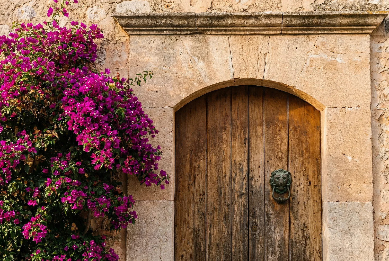 Puerta de madera con llamador de bronce en una casa de piedra mallorquina